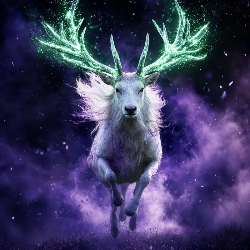 AI-generated cinematic image of a stag with glowing antlers