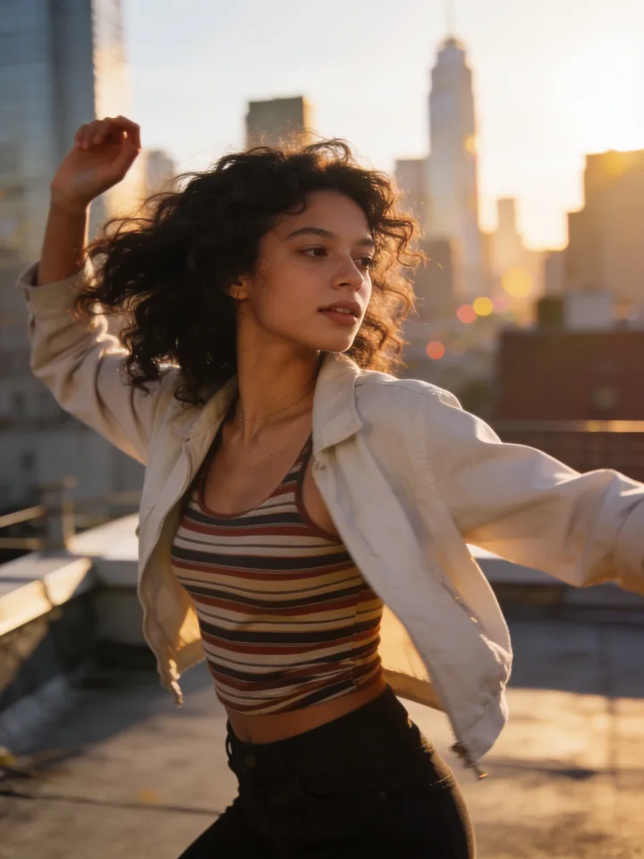 Dancer on a rooftop in four looks